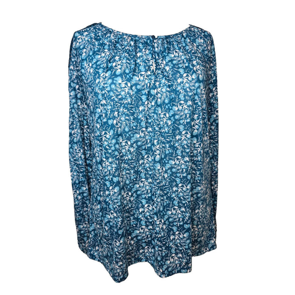 ST. JOHN'S BAY TEAL &‎ WHITE FLORAL LACEY LONG SLEEVE WOMEN'S BLOUSE SZ LG NWOT